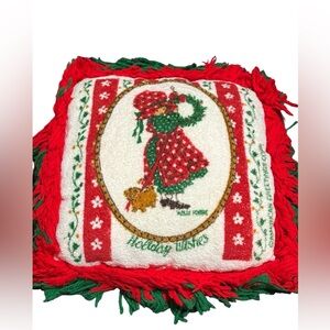 Vintage Holly Hobbie Handmade Christmas Yarn Throw Pillow